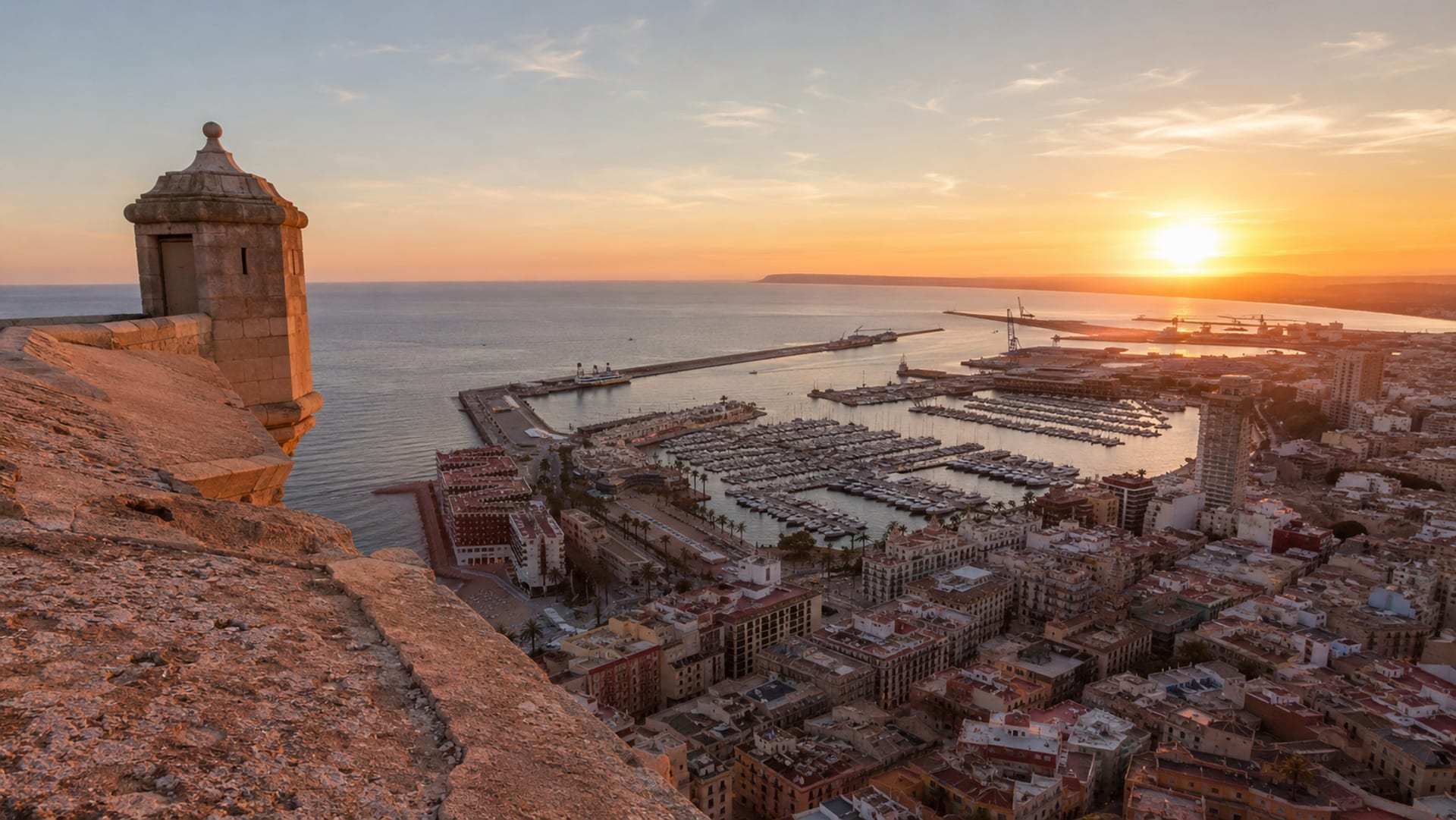 Aerial view of the Alicante coast: marina, beach and mountains