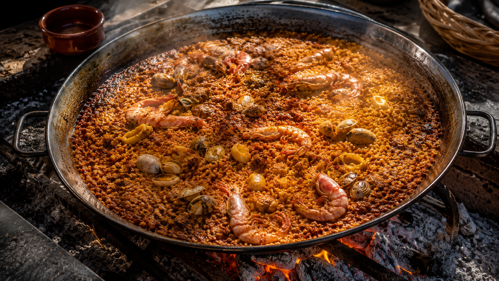 Arroz a banda recién servido en paellera