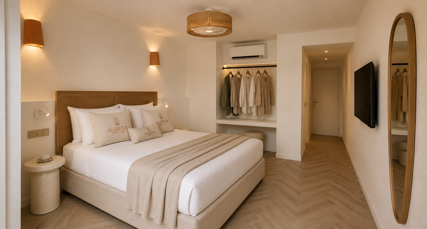 Habitación de la pensión: cama hecha, luz de día
